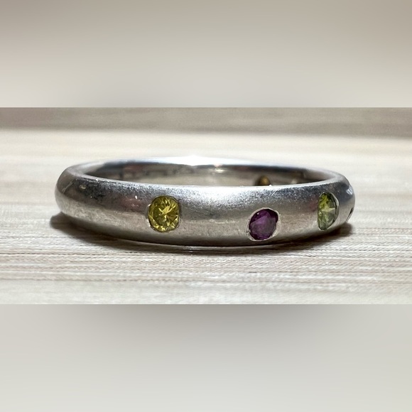 Vintage Designer Signed Flush Set Multi-Colored Gemstone Platinum Ring, Size 6.5 - Picture 4 of 13